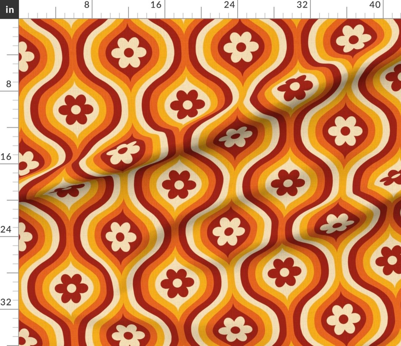 Flower Power Yellow Floral Red Retro Ogee Orange Geometric 1970S 1960S 60S Hippie Flowers Custom Printed Fabric by Spoonflower Various Fabrics by the Yard or Fat Quarter 13410182